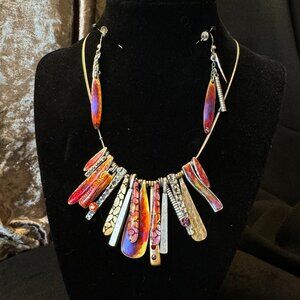 Chico's Mixed Metal Enamel Necklace Drop Earrings Gold Silver Tone Warm Colors